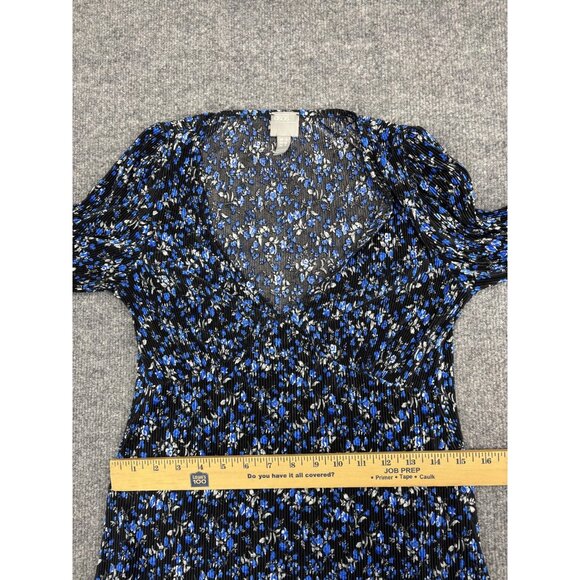 ASOS Dress Womens 4 Black Blue Floral Long Sleeve V Neck Mini Pleated Stretch - Picture 5 of 6